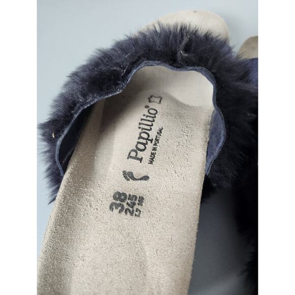 Birkenstock Papillio Amber Wedge Mule Sandals Size 38/ 7 Blue Fur Trim - Picture 3 of 7